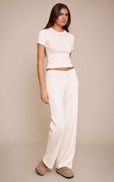 Cream Brushed Rib Button Detail Wide Leg pant