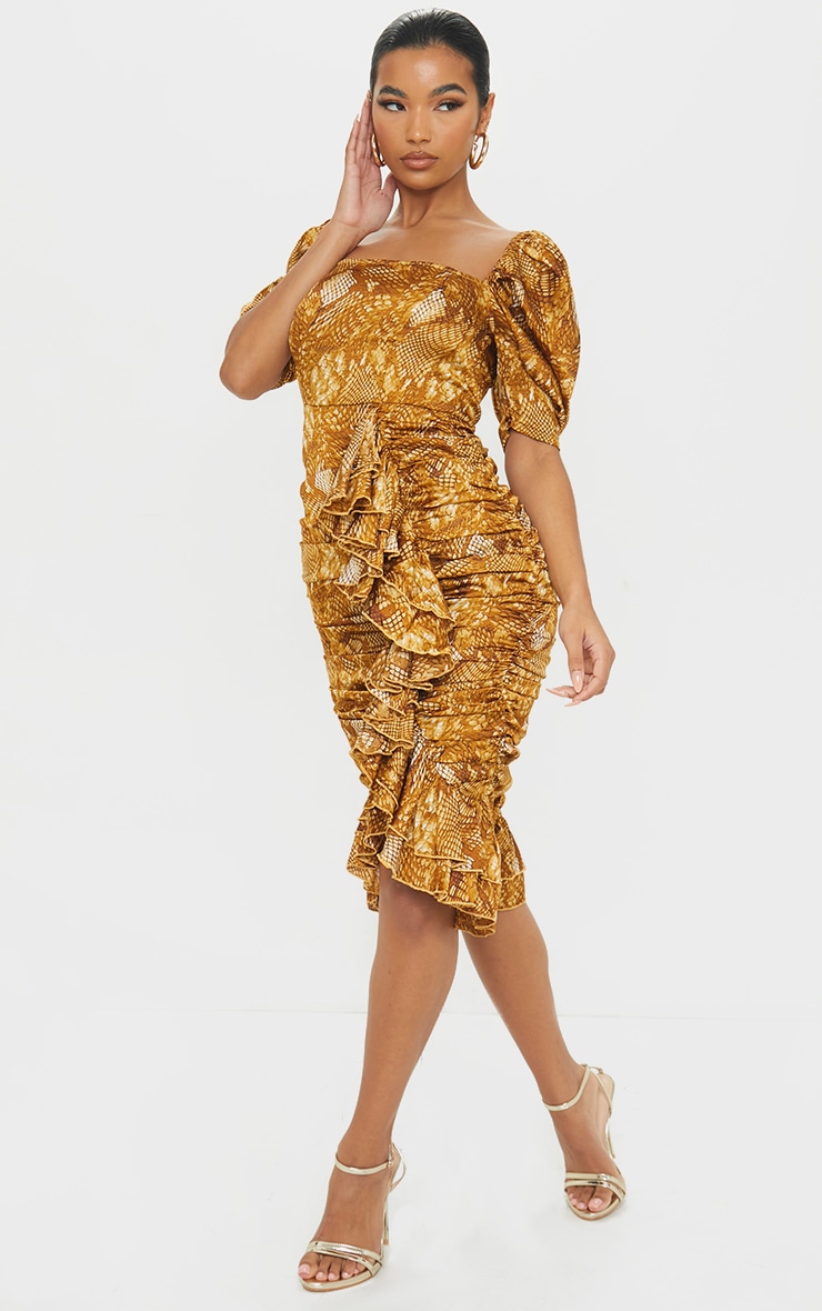 Tan Snake Print Puff Sleeve Ruched Midi Dress