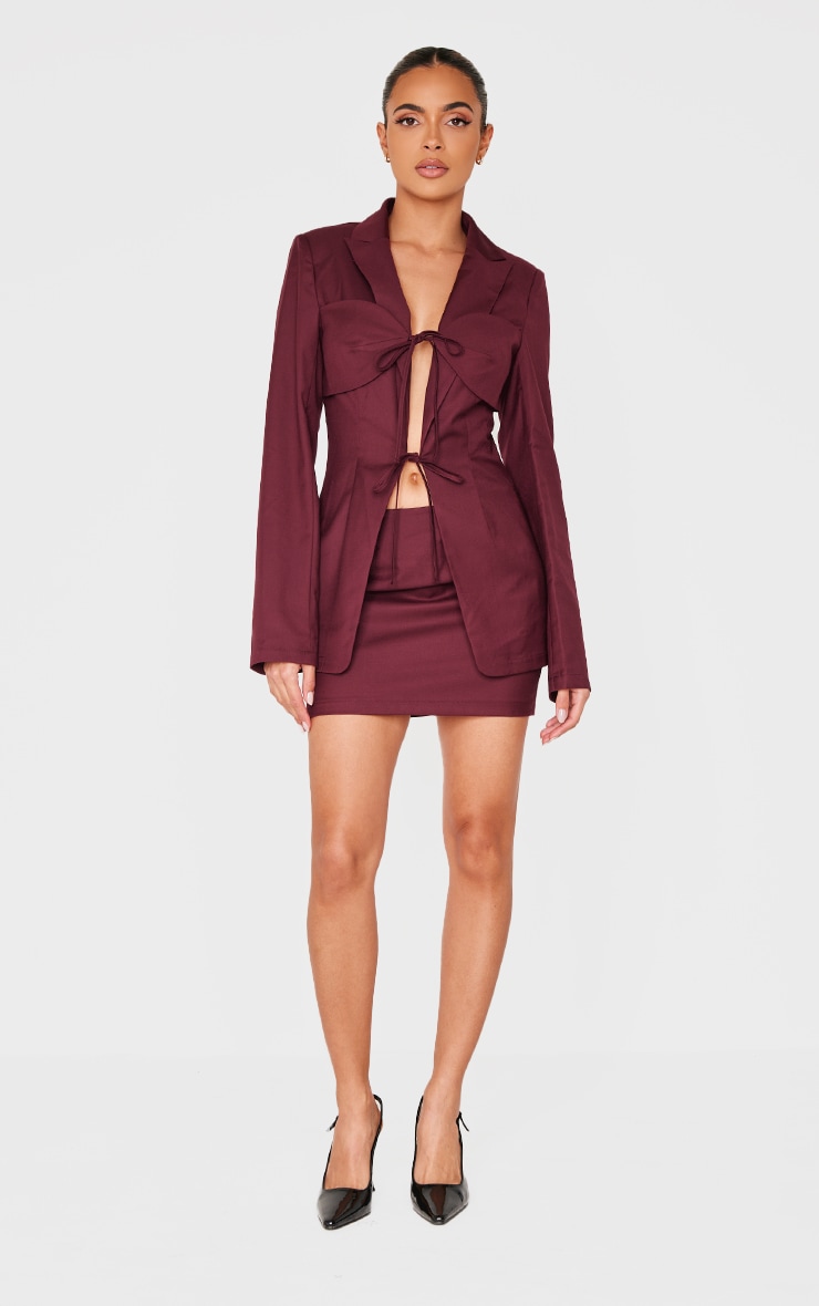 Burgundy Tailored Woven Tie Front Longline Blazer image 3