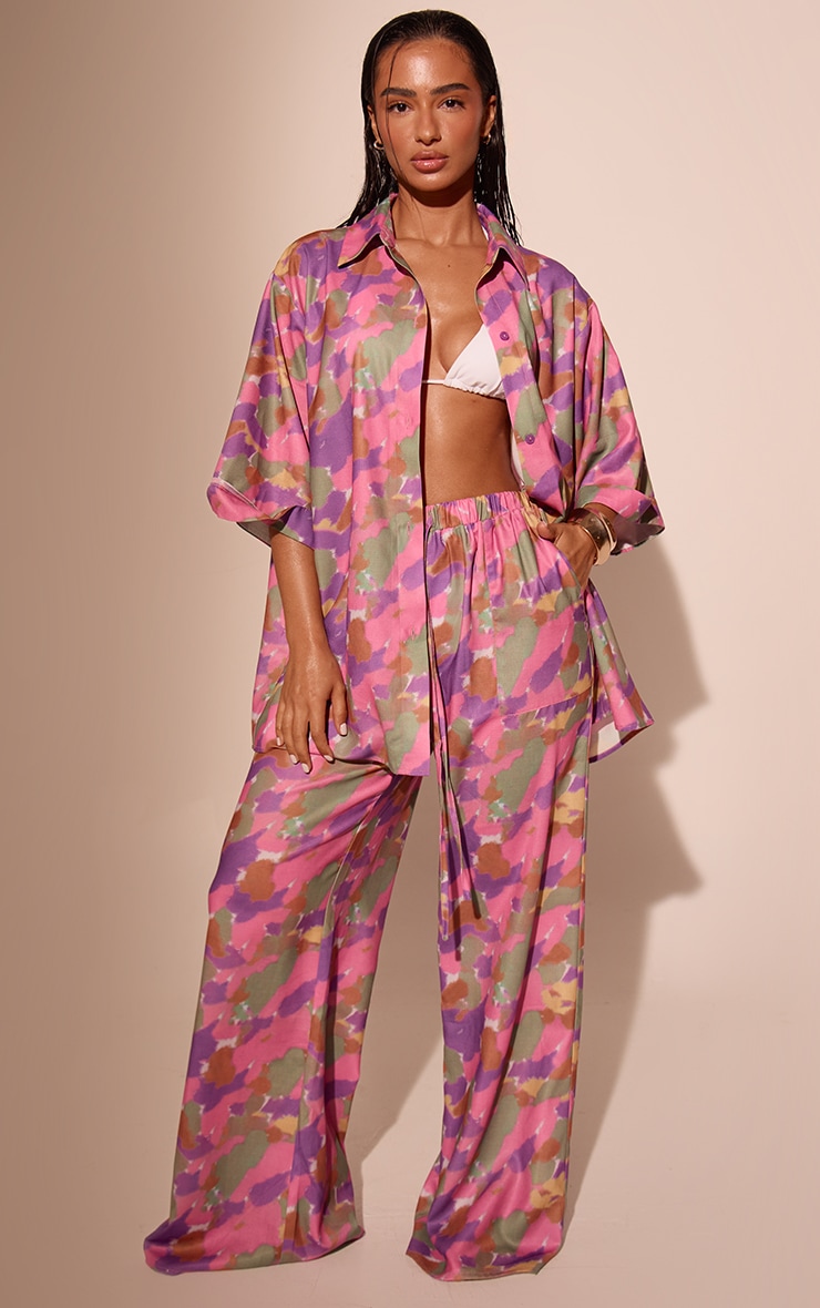 Purple Printed Linen Look Drawstring Beach Pants