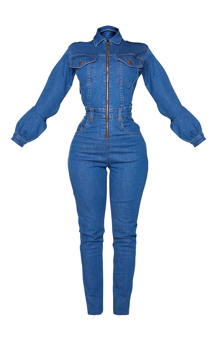 Shape Mid Blue Wash Denim Zip Front Jumpsuit image 5