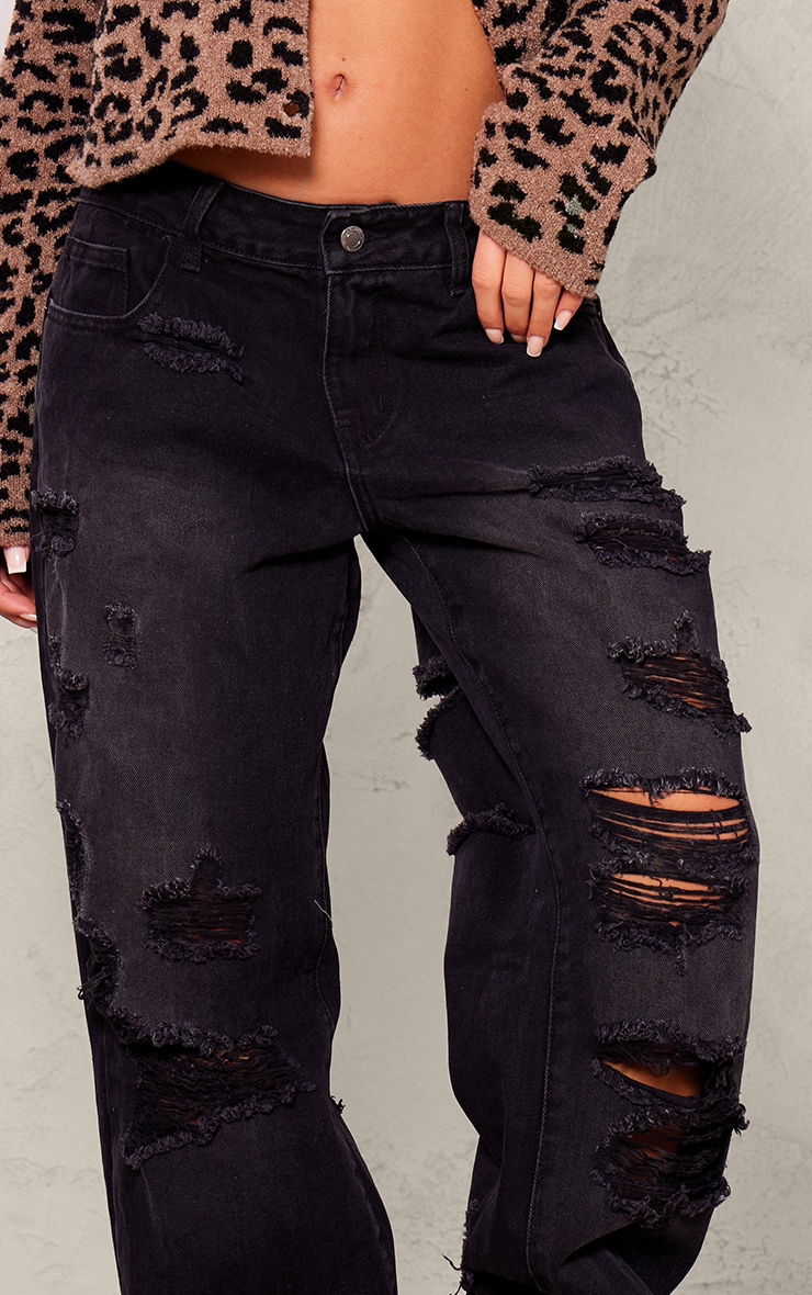 Washed Black Extreme Distressed Wide Leg Jeans image 4