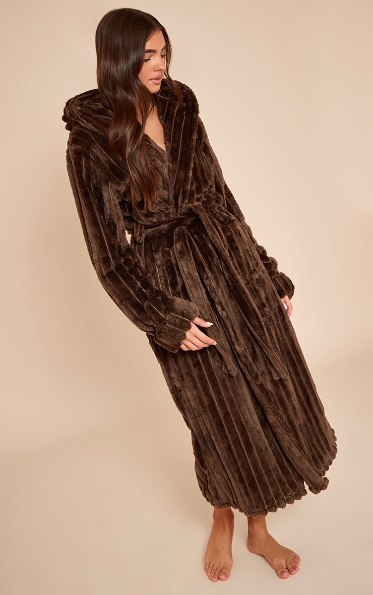 Chocolate Fleece Piping Detail Hooded Dressing Gown image 3