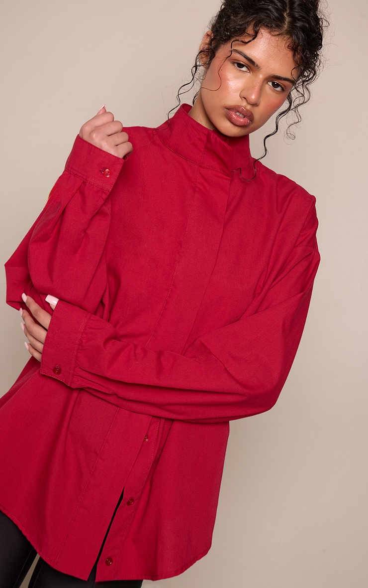 Red Woven Funnel Neck Concealed Button Shirt