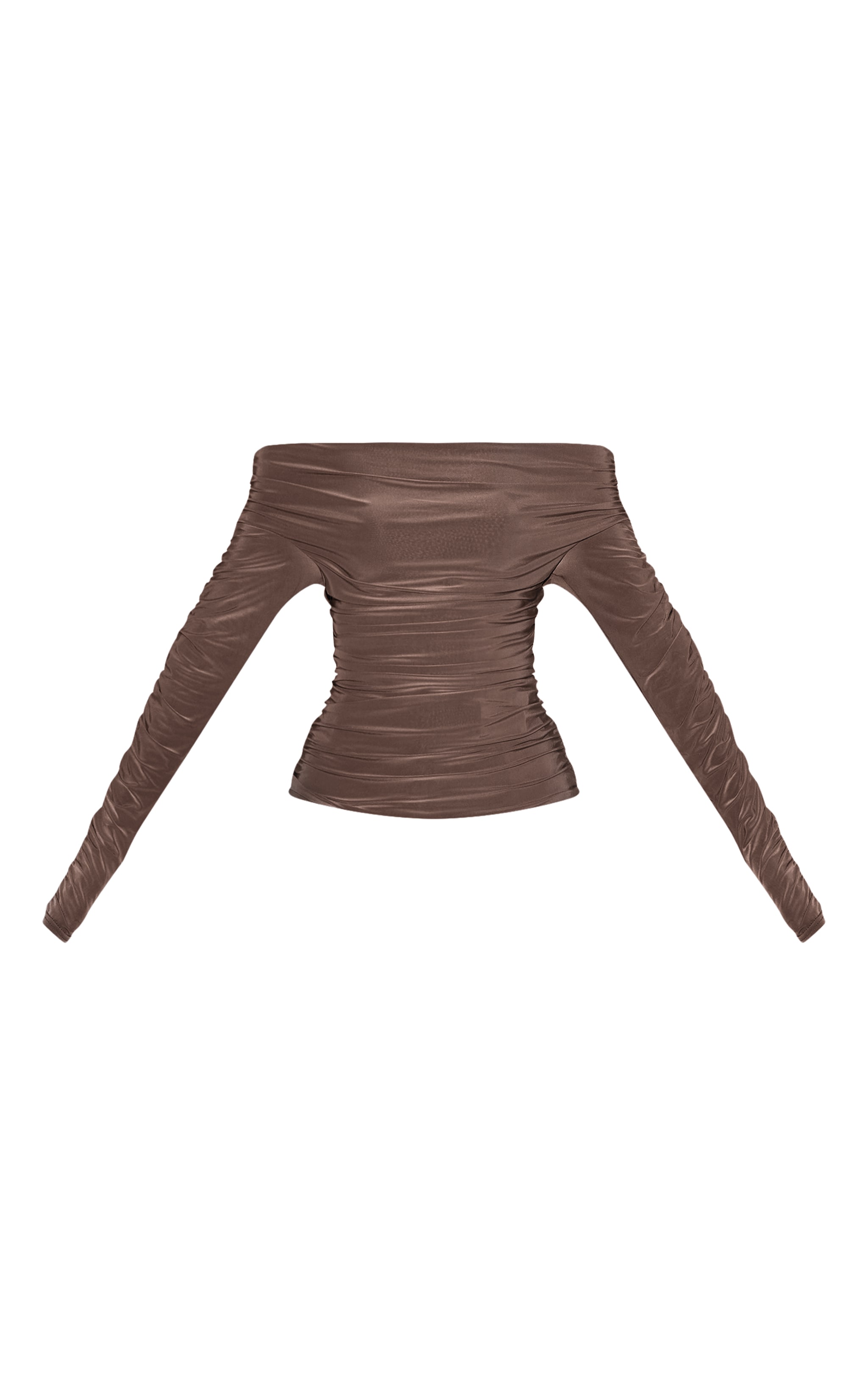 Charcoal Double Layer Slinky Ruched Detail Bardot Long Sleeve Top image 5