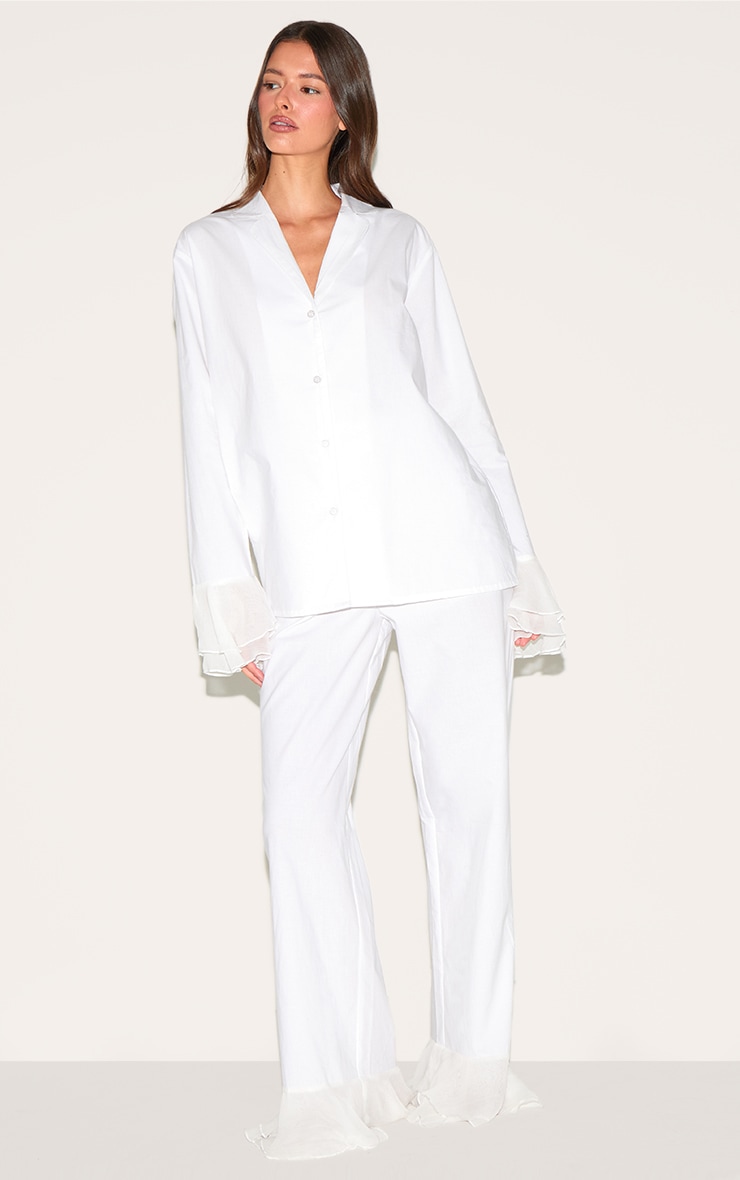 White Frilled Hem Cotton Long Pj Set image 1