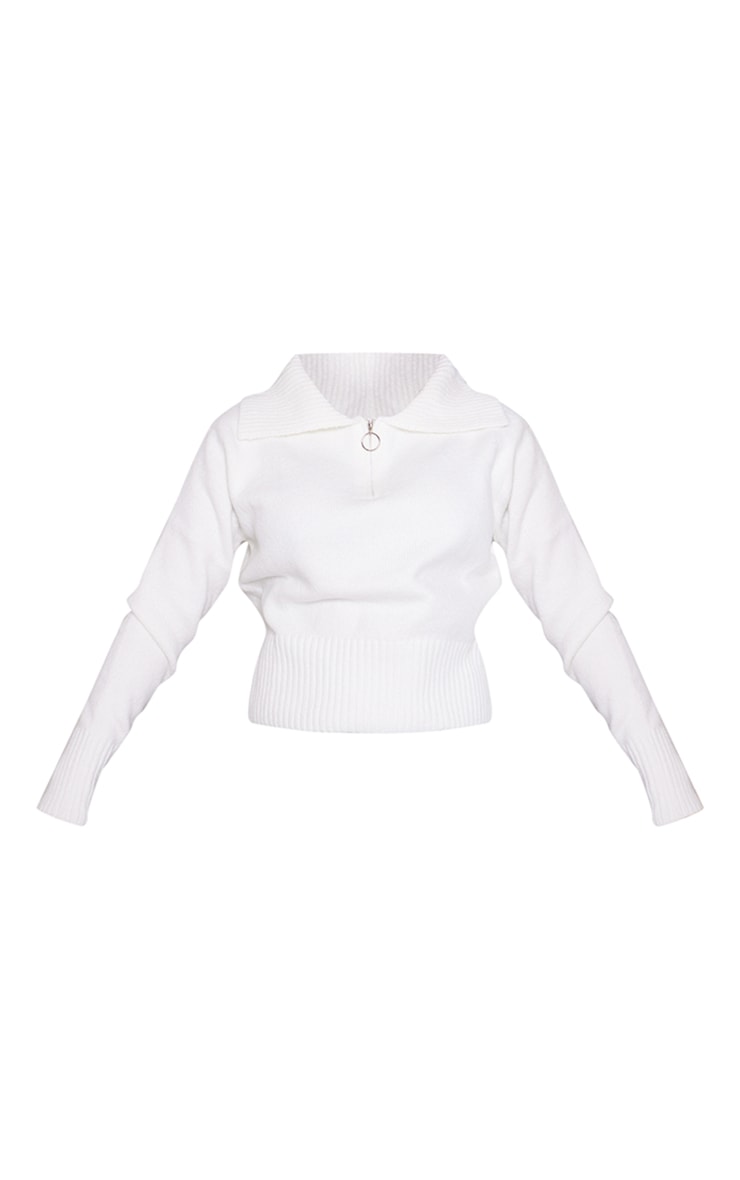 Pull court en maille tricot blanche à demi-zip image 5