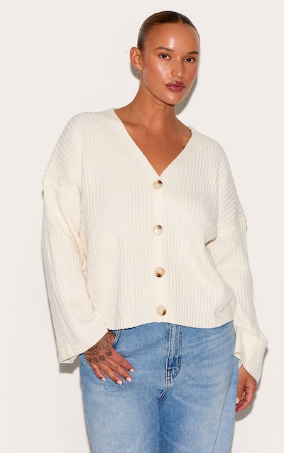 Plus Cream Knit Rib Button Cardigan