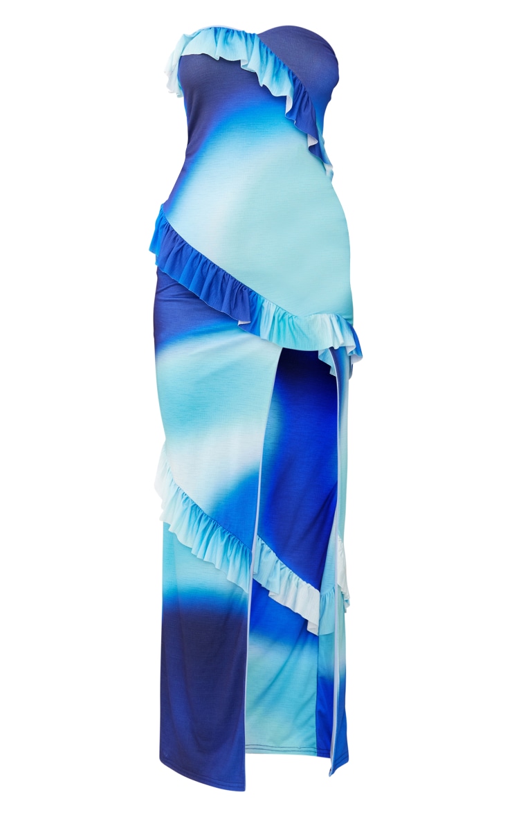 Blue Abstract Print Bandeau Frill Detail Split Maxi Dress image 5