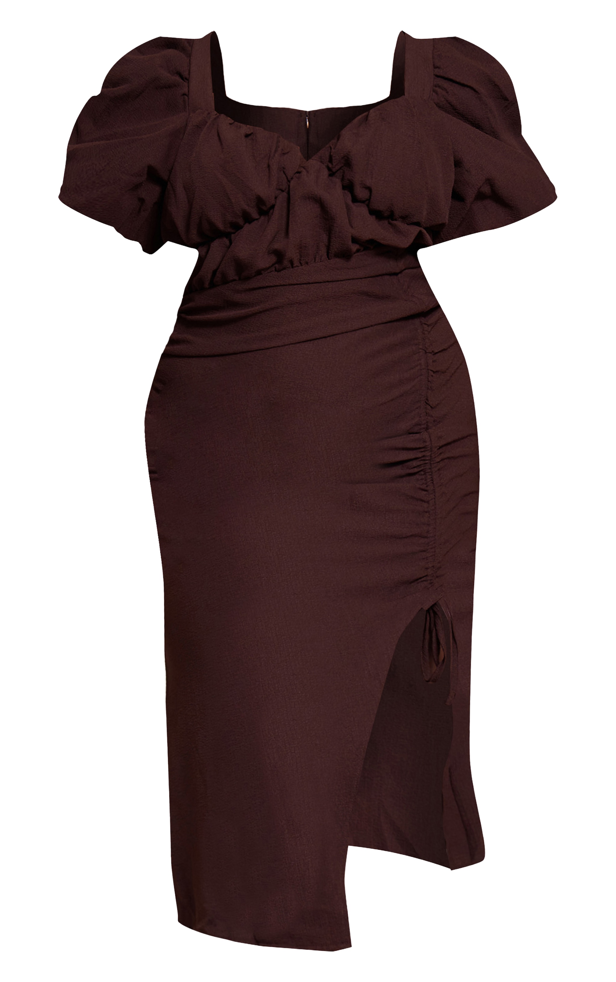 Plus Chocolate Puff Sleeve Ruched Split Side Midi Dress image 5