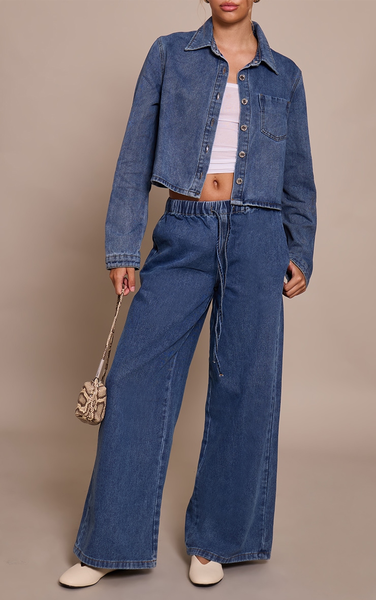 Mid Blue Relaxed Tie Waistband Wide Leg Jeans image 2