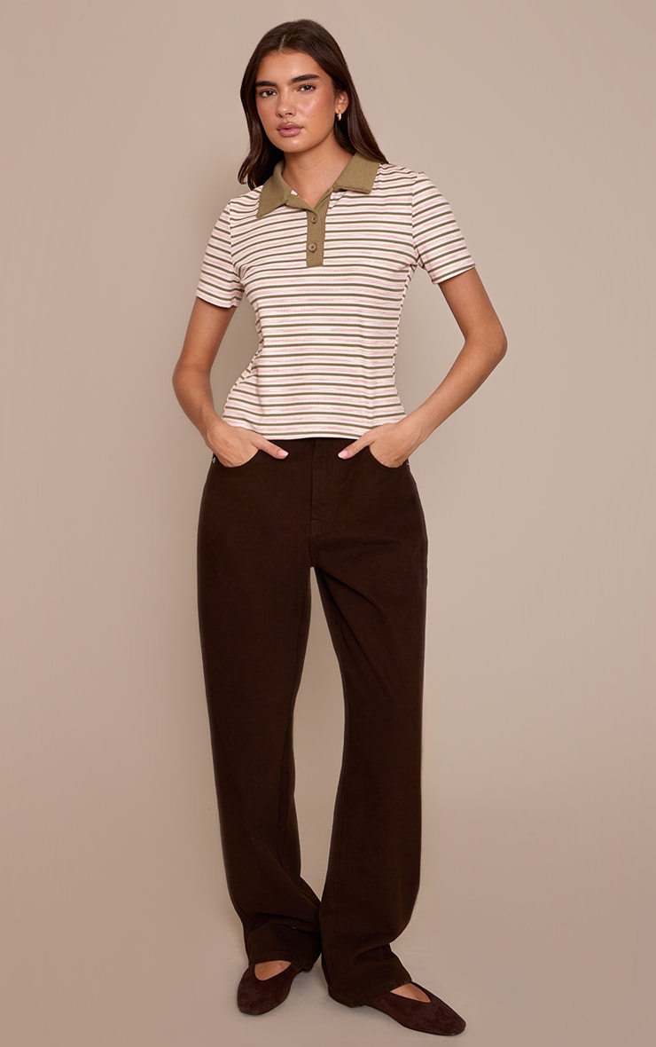 Khaki Soft Rib Striped Detail Collared Short Sleeve Top image 3