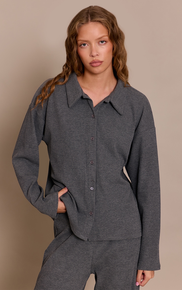 Charcoal Grey Heavy Rib Long Sleeve Collared Shirt image 1