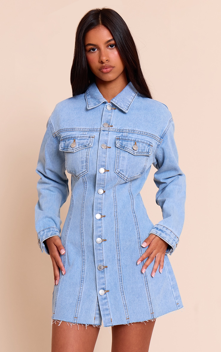 Petite Mini robe ajustée en jean bleu clair à manches longues image 1