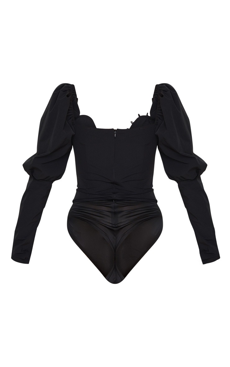 Black Woven Puff Sleeve Button Detail Bodysuit PrettyLittleThing USA