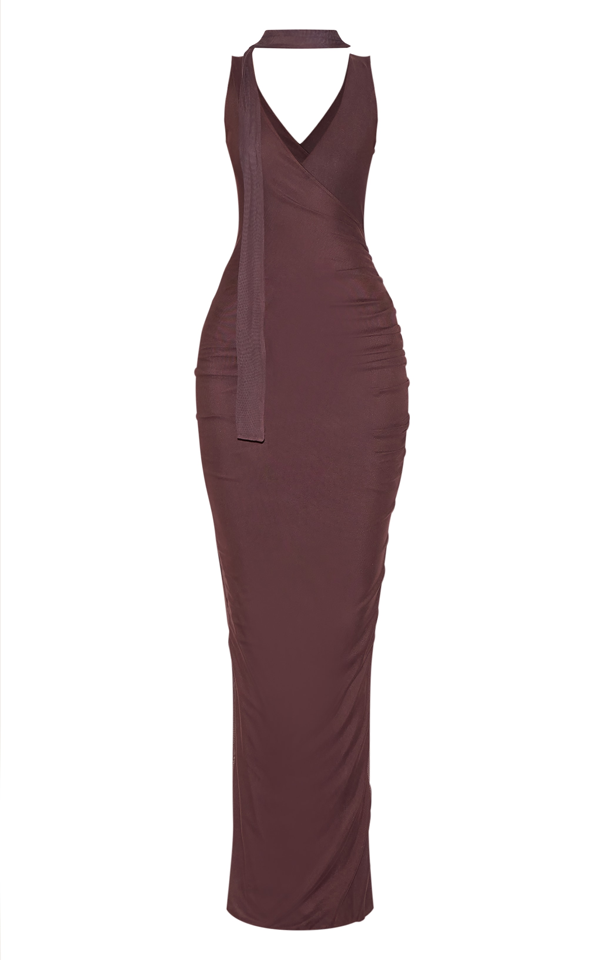 Chocolate Mesh V Neck Wrap Maxi Dress image 5