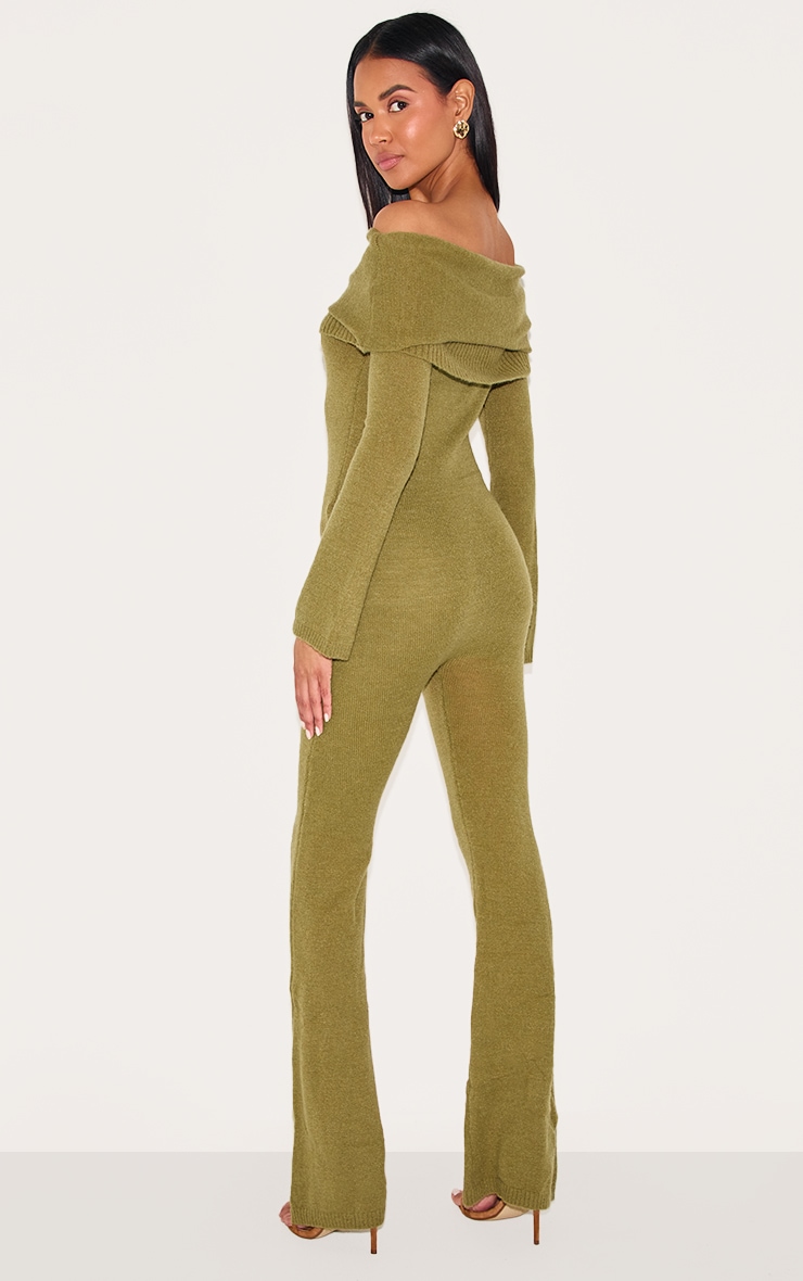 Olive Soft Knit Bardot Foldover Asymmetric Neck Jumpsuit image 2
