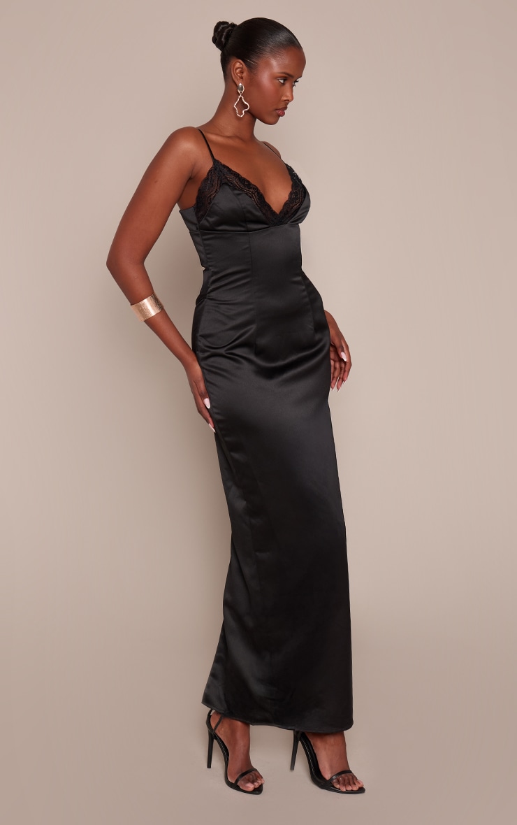 Black Satin Lace Cup Lace Back Detail Maxi Dress image 3