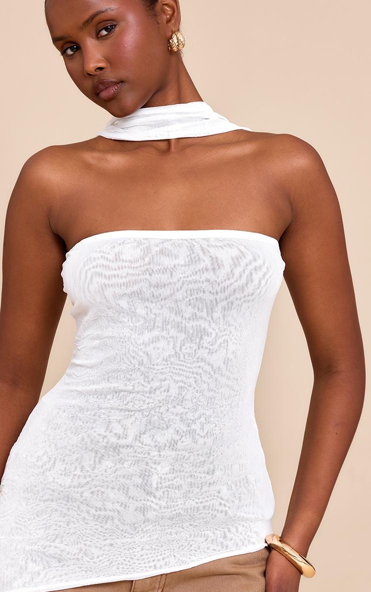 Cream Crinkle Mesh Scarf Detail Asymmetric Long Top image 4