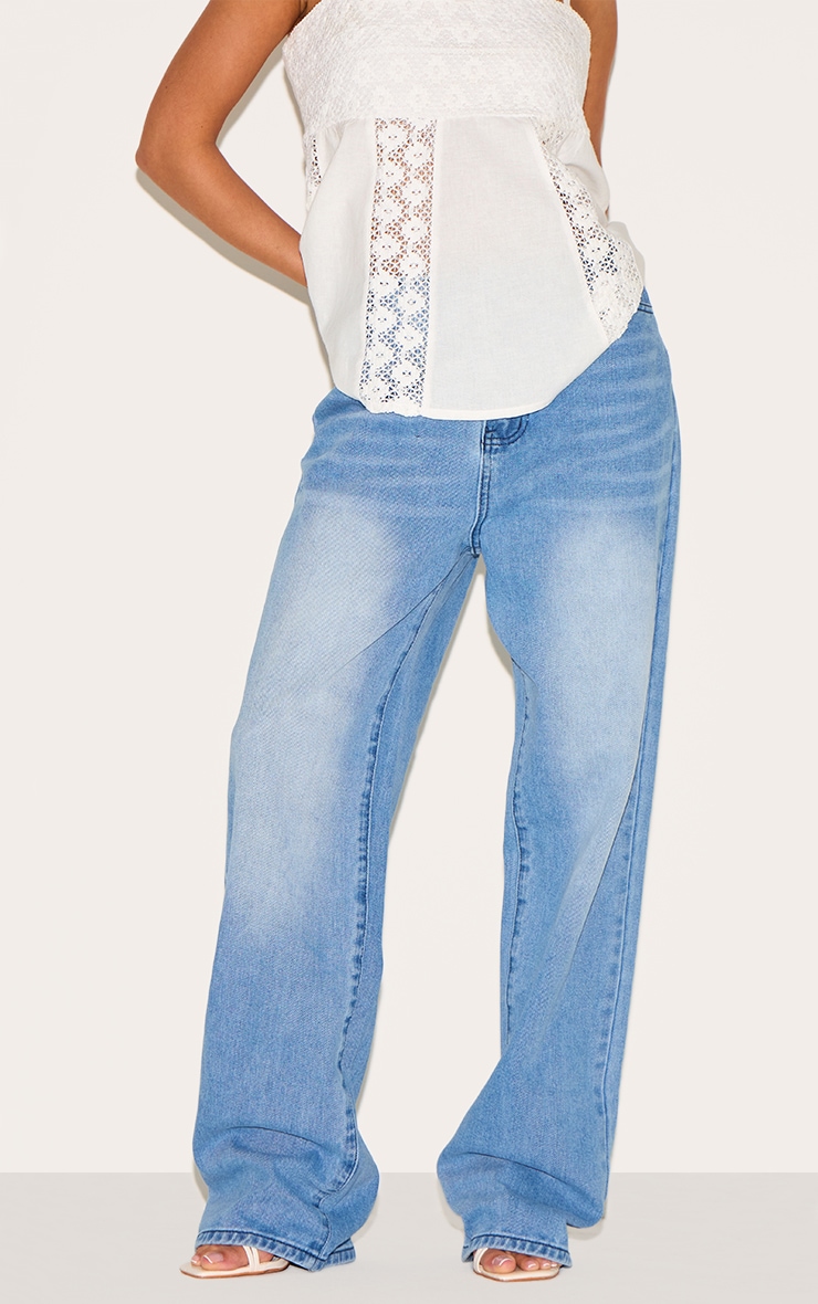 Petite Blue Denim Mid Rise Invisible Waistband Wide Leg Jeans image 2