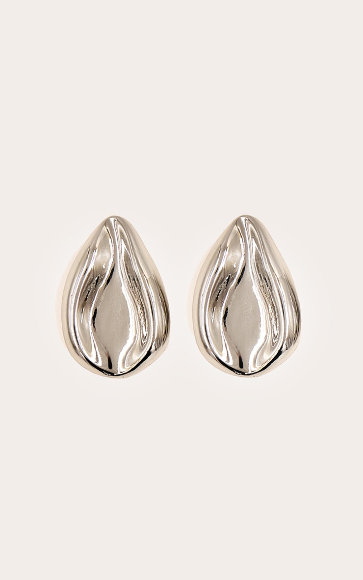 Silver Sculpted Tear Drop Oversized Stud Earrings image 2