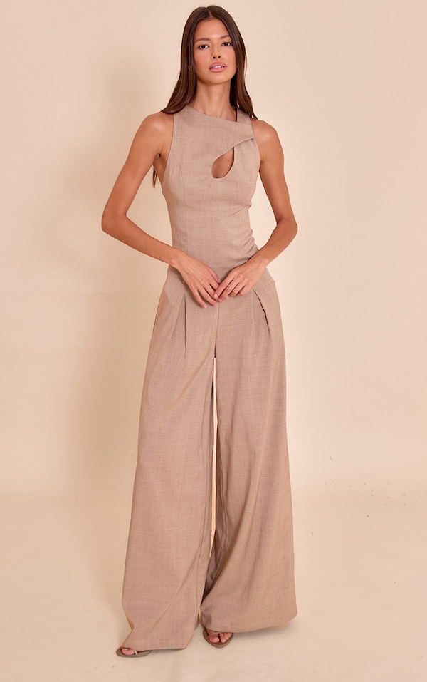 Beige Woven Key Hole Wide Leg Jumpsuit