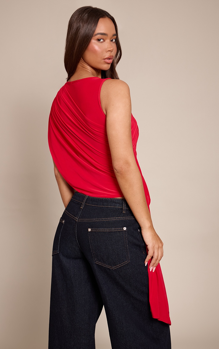 Red Slinky Drape Detail Longline Top  image 2