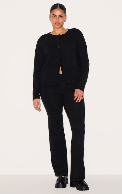 Plus Black Melange Soft Knit Foldover Waist Flared Pants