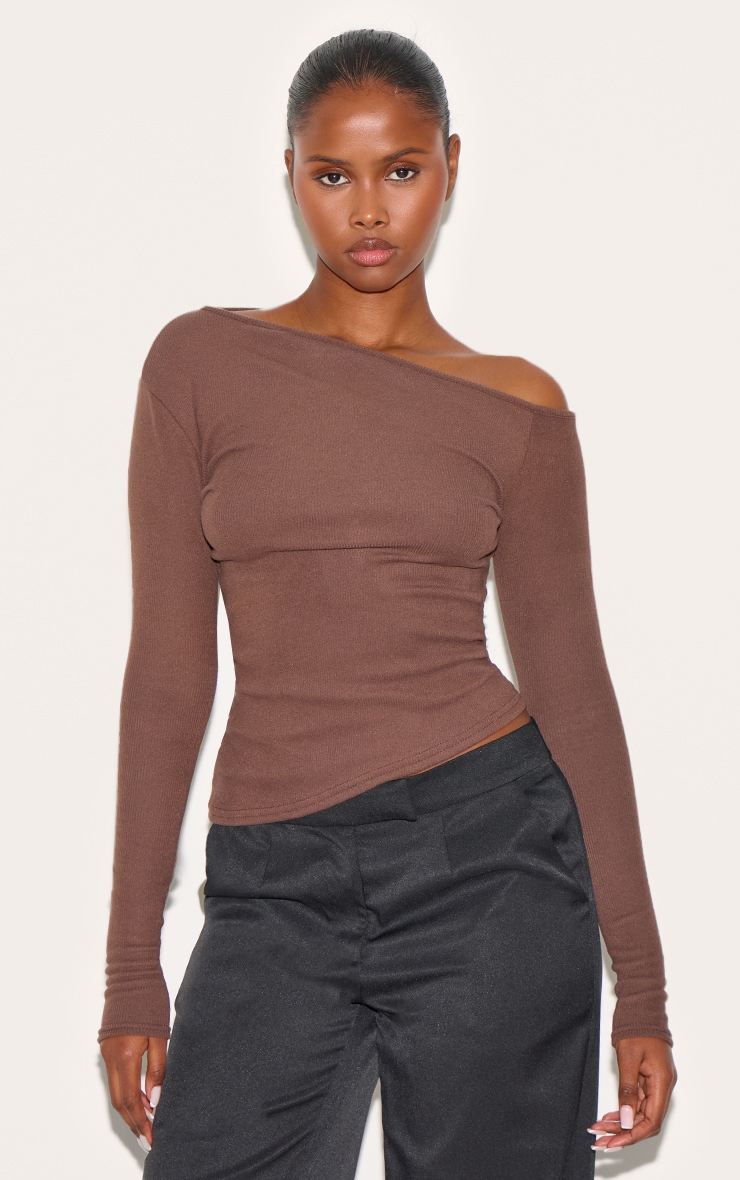 Chocolate Soft Touch Rib Asymmetric Long Sleeve Top