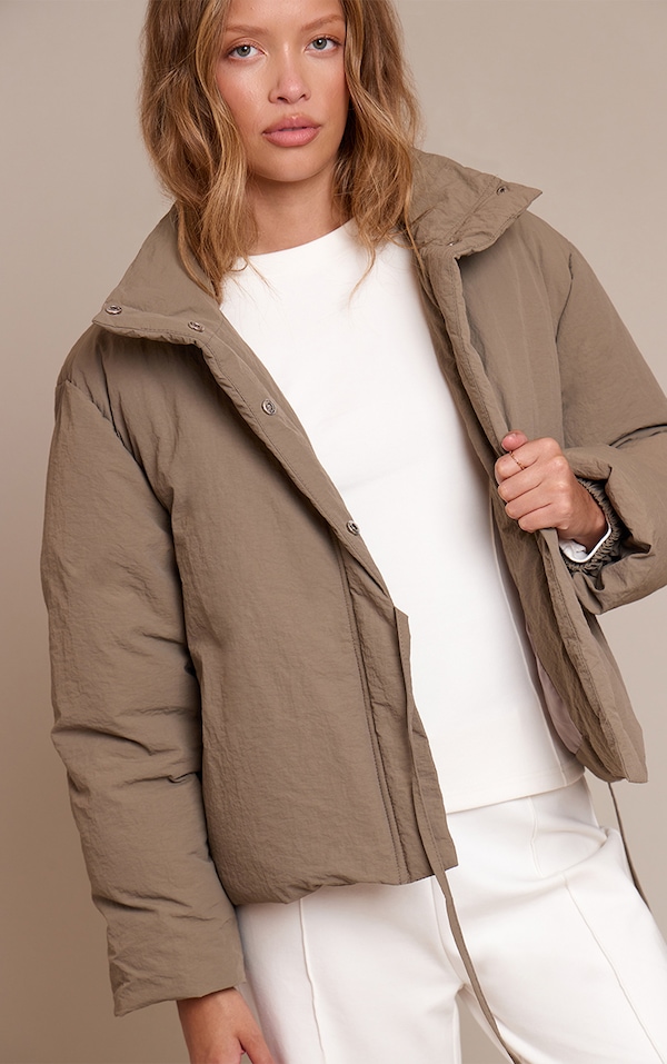 Washed Khaki High Neck Tie Waist Quilted Jacket