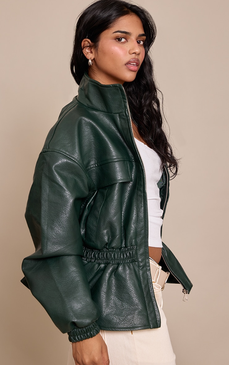 Petite Olive High Neck Cinched Waist Faux Leather Jacket image 2
