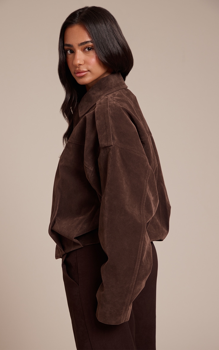 Petite Brown Faux Suede Oversized Zip Up Jacket image 2