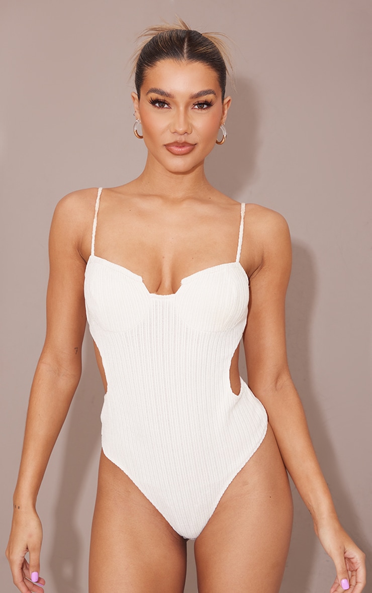 Cream Textured Velvet Cut Out Bodysuit image 2