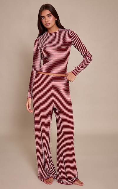 Burgundy Stripe Long Sleeve Soft Pyjama Set
