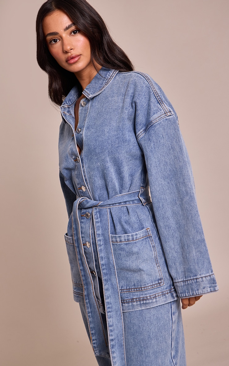 Petite Mid Blue Tie Waist Utility Denim Jacket image 4