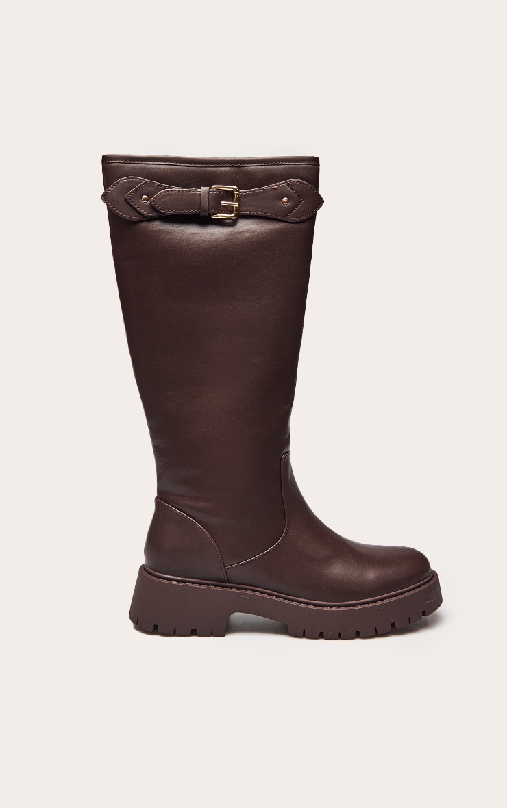 Chocolate PU Buckle Detail Knee High Chelsea Boot image 2