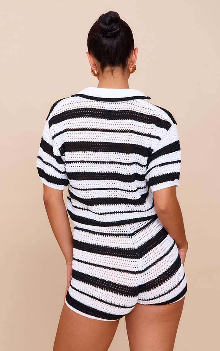 Monochrome Crochet Stripe Knit Polo Top image 2