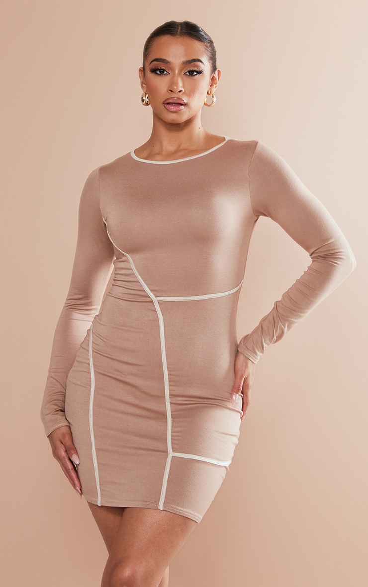 Camel Contrast Binding Long Sleeve Bodycon Dress