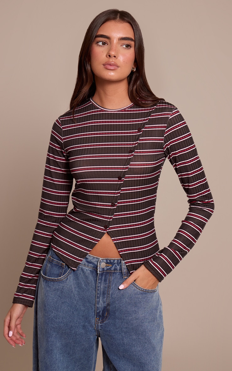 Black Stripe Rib Asymmetric Button Down Top