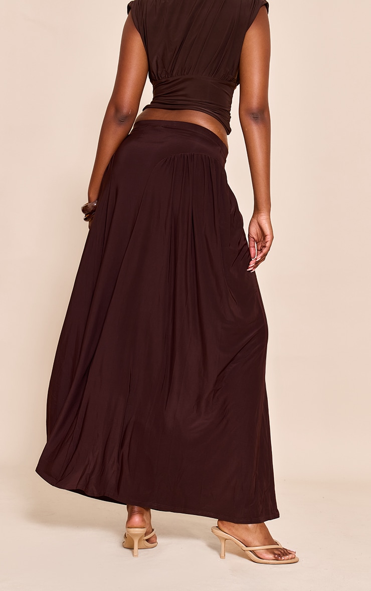 Chocolate Slinky Drop Waist Ruched Panel Maxi Skirt image 3