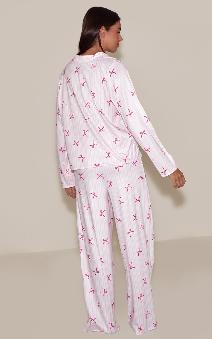 Pink Bow Striped Long Sleeve Button Through PJ Set image 2