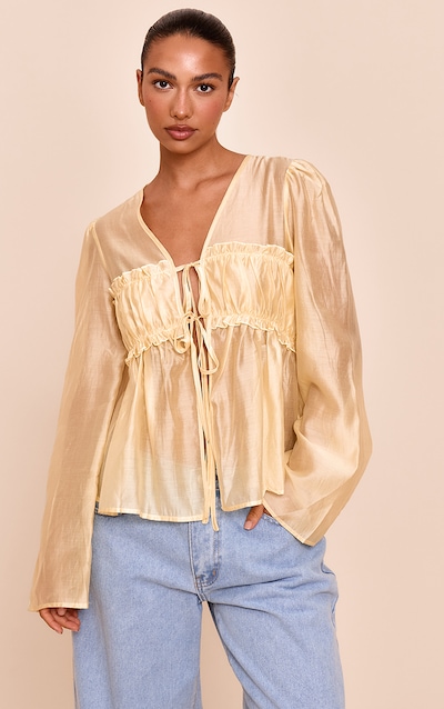 Butter Yellow Chiffon Tie Front Ruched Blouse