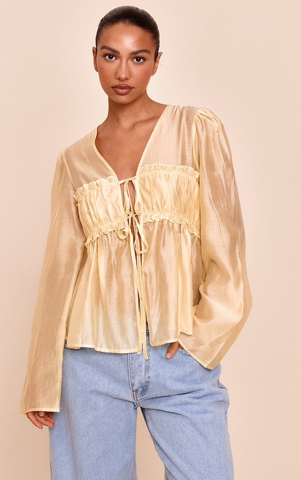 Butter Yellow Chiffon Tie Front Ruched Blouse