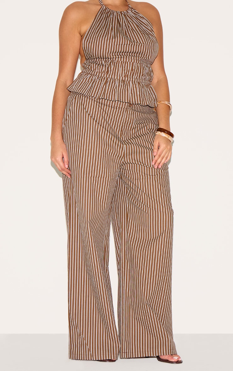 Plus Brown Stripe Woven Mid Rise Wide Leg Pant image 2
