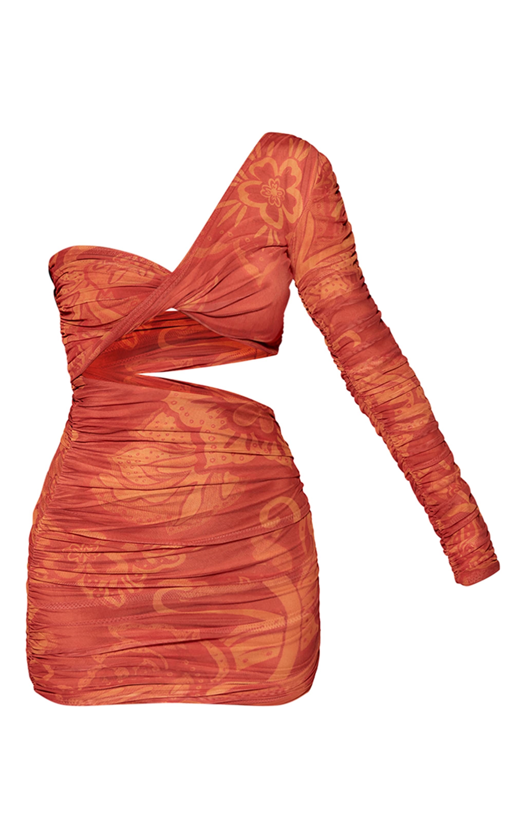 Orange Floral Print Double Layer Mesh Ruched Detail Bodycon Dress image 5