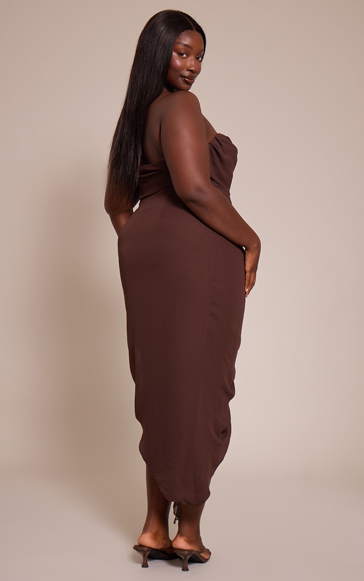 Plus Chocolate Chiffon Ruched Detail Bandeau Midi Dress image 2
