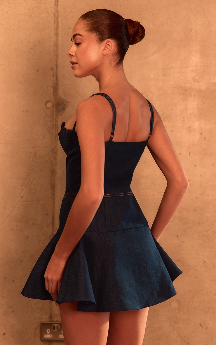 PLT Label Denim Blue Tailored Bust Detail Pleated Hem Bodycon Dress image 2