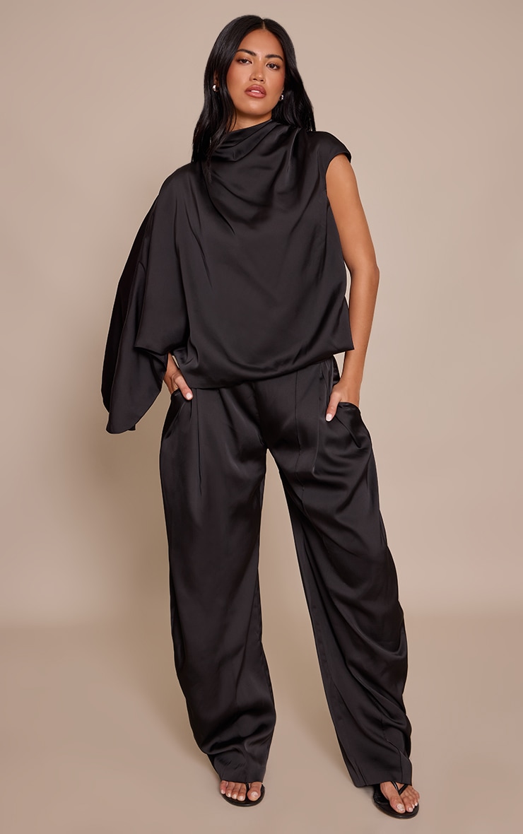 Black Satin One Sleeve Draped Top image 3