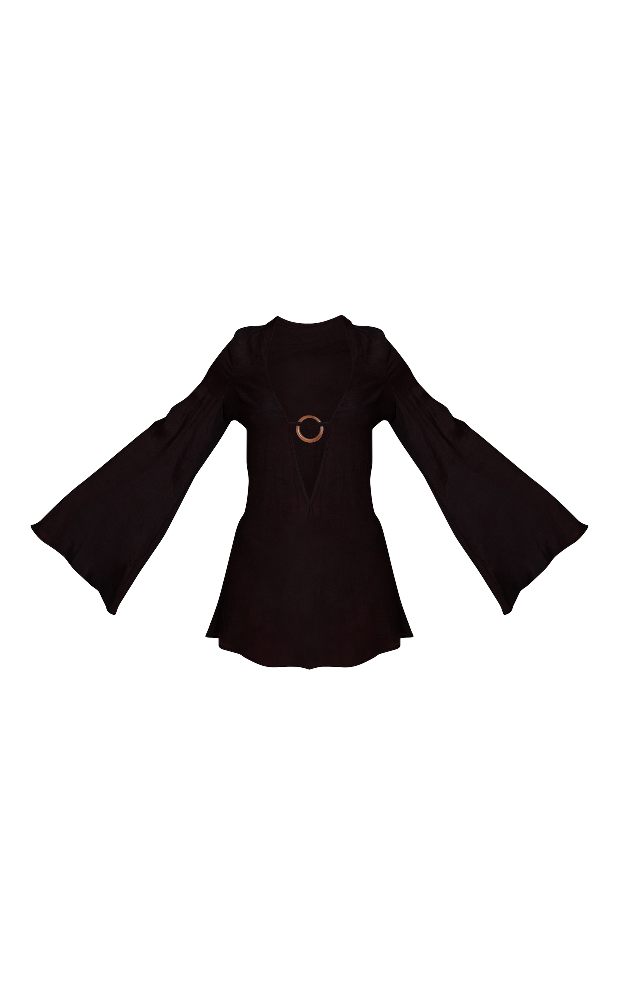 Black Linen Look O-ring Flute Sleeve Beach Dress image 5