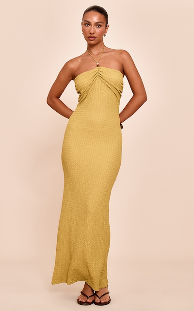 Olive Textured Beaded Detail Halterneck Maxi Dress